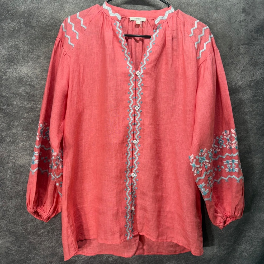 Tyler Boe Pink 100% Linen Embroidered Button Up Peasant Blouse Size XS Boho
